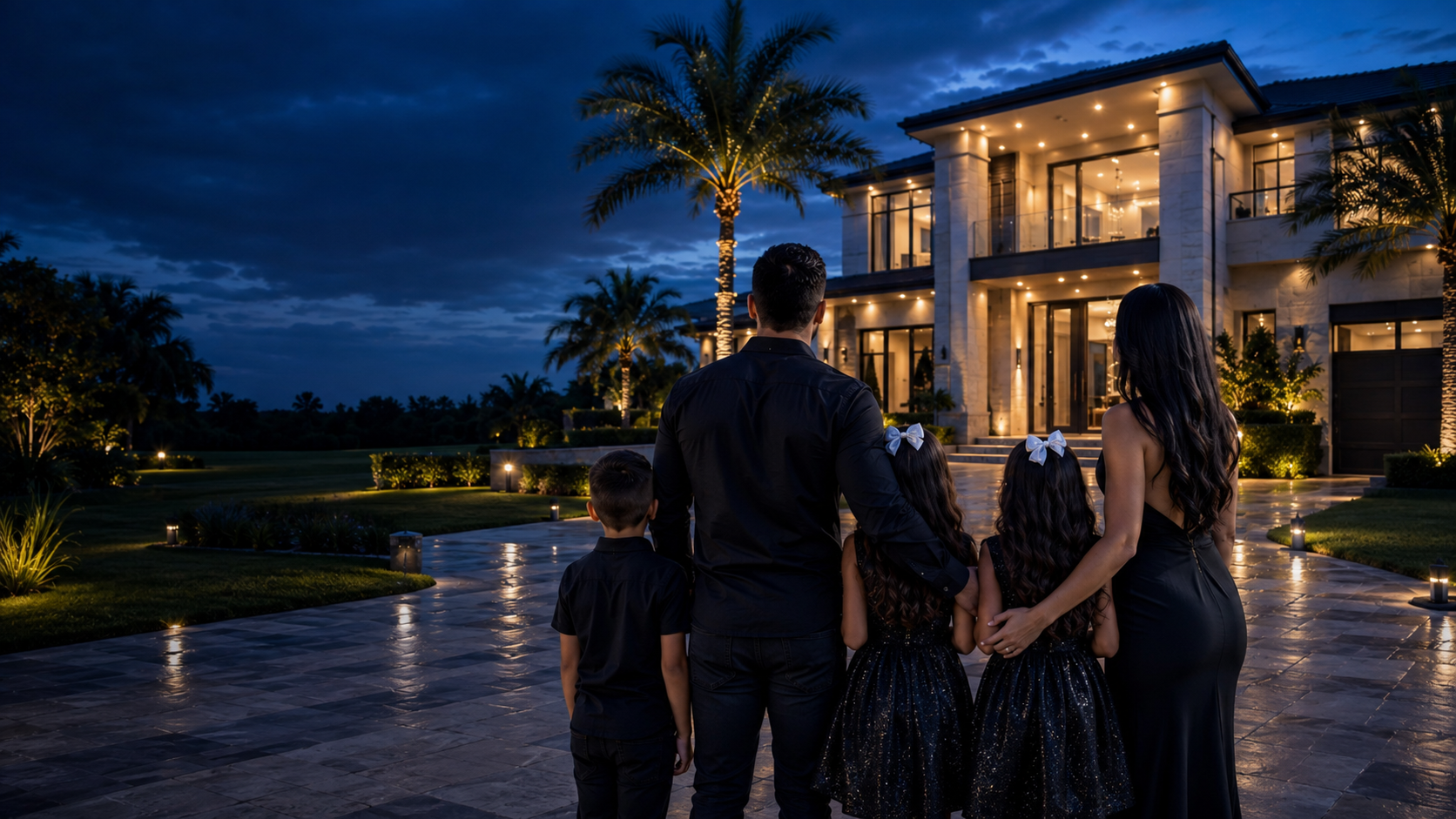 Family of five facing a modern home and future goals